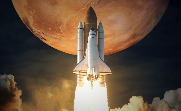 Rocket launching symbolizing AI-powered business transformation